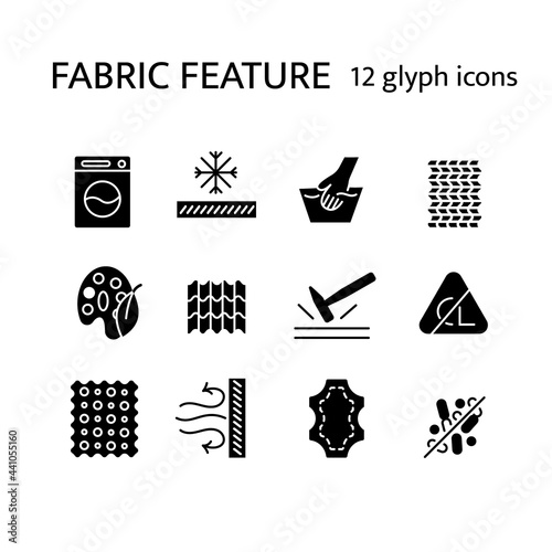 Material properties glyph icons set. Fiber diversity. Leather, snowproof fiber. Antimicrobial wear