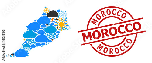 Climate mosaic map of Morocco, and textured red round stamp seal. Geographic vector collage map of Morocco is constructed with randomized rain, cloud, sun, thunderstorm icons.