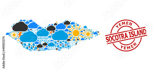 Weather collage map of Socotra Island, and textured red round seal. Geographic vector collage map of Socotra Island is done from random rain, cloud, sun, thunderstorm symbols.