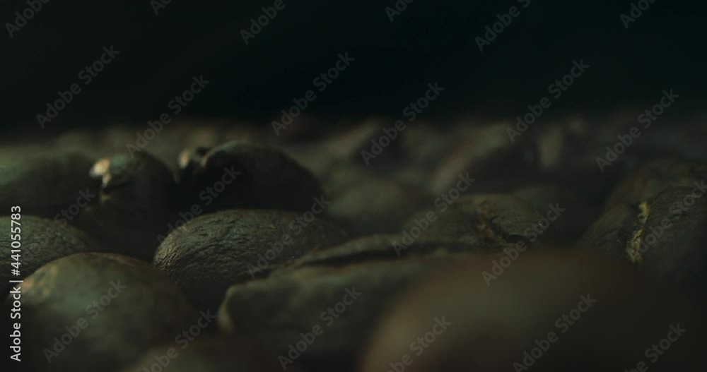 Close-up shot of roasting coffee beans, filmed in a dark key the smoke emanating from the roasting of coffee beans. The concept of Aromatic Coffee Beans. Close-up shot of roasting coffee beans, filmed in a dark key the smoke emanating from the roasting of coffee beans. The concept of Aromatic Coffee Beans.