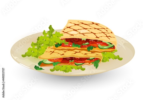 Cartoon of grilled pita bread with fresh lettuce, tomato, sauce, cucumber and meat. Vector cafe order, dish presentation, fast food. Idea of mexican national cuisine, eating, lunch isolated on white