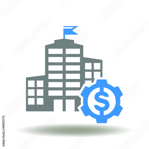 Skyscraper building with gear and dollar currency vector illustration. Governance and investment symbol. Financial government organization office icon.