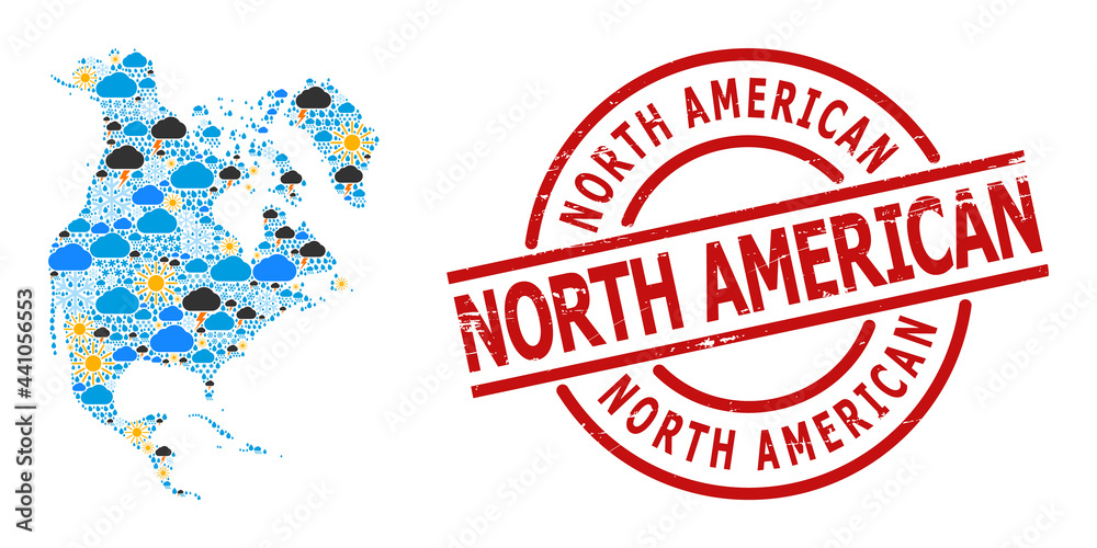 Weather mosaic map of North America, and grunge red round stamp. Geographic vector mosaic map of North America is combined from scattered rain, cloud, sun, thunderstorm symbols. Weather mosaic map of North America, and grunge red round stamp. Geographic vector mosaic map of North America is combined from scattered rain, cloud, sun, thunderstorm symbols.