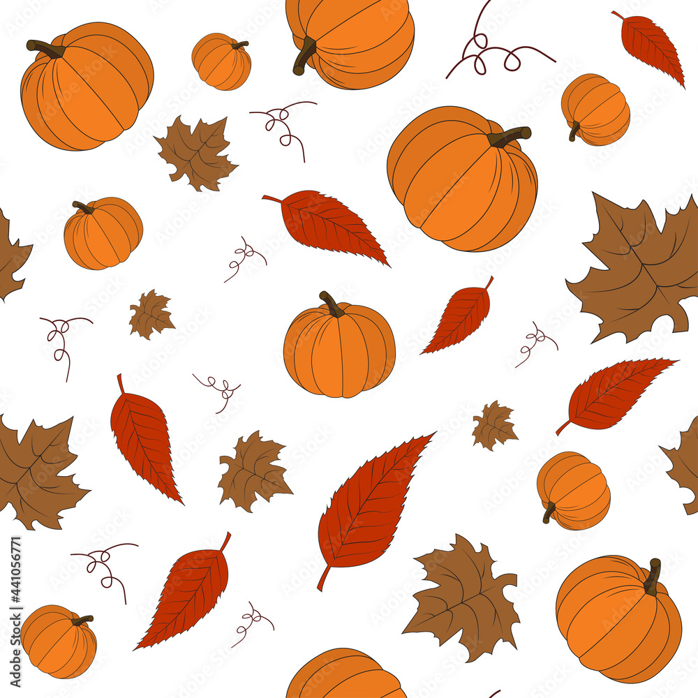 Hand drawn seamless pattern with pumpkins and leaves on the white background