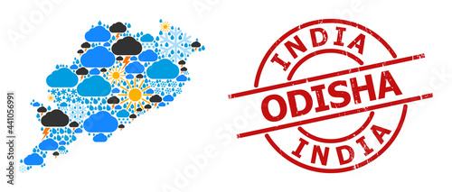 Climate mosaic map of Odisha State, and textured red round stamp. Geographic vector mosaic map of Odisha State is created from scattered rain, cloud, sun, thunderstorm icons.