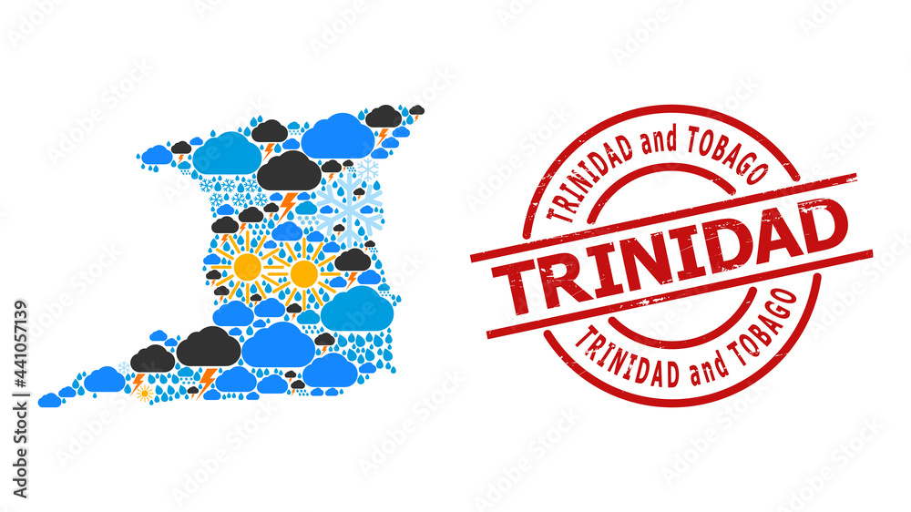 Weather pattern map of Trinidad Island, and rubber red round stamp seal. Geographic vector mosaic map of Trinidad Island is done with random rain, cloud, sun, thunderstorm.