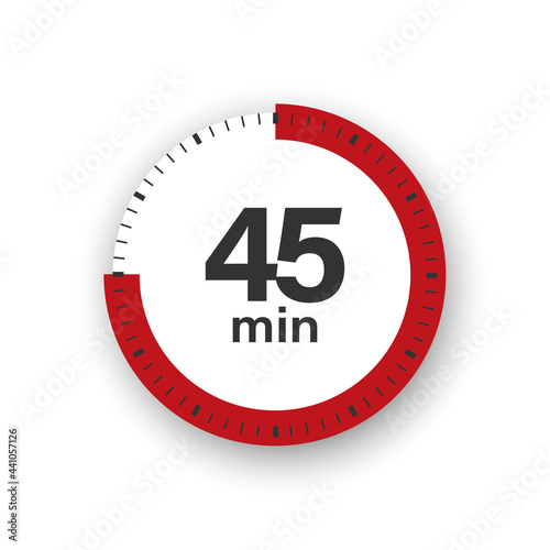 45 minutes timer. Stopwatch symbol in flat style. Editable isolated vector illustration.	