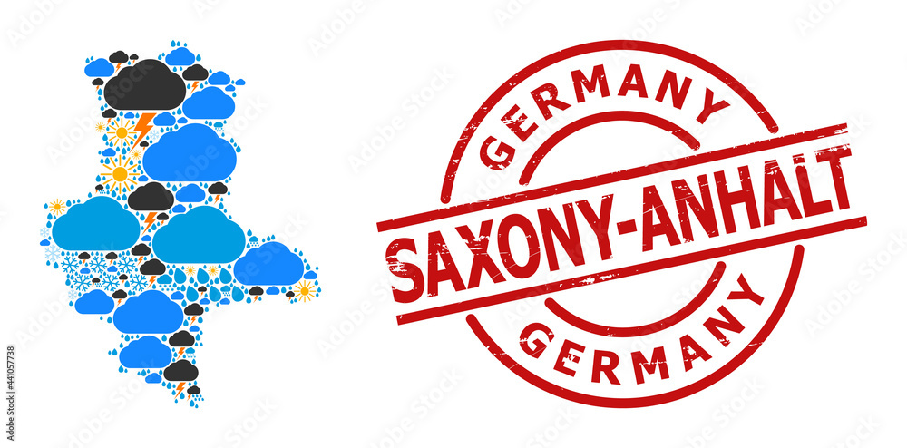 Weather collage map of Saxony-Anhalt State, and grunge red round badge. Geographic vector collage map of Saxony-Anhalt State is created from randomized rain, cloud, sun, thunderstorm icons. Weather collage map of Saxony-Anhalt State, and grunge red round badge. Geographic vector collage map of Saxony-Anhalt State is created from randomized rain, cloud, sun, thunderstorm icons.