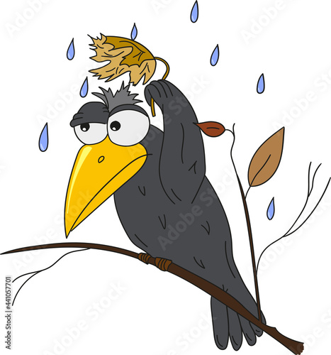 A vector cartoon illustration of black crows sheltering from the rain