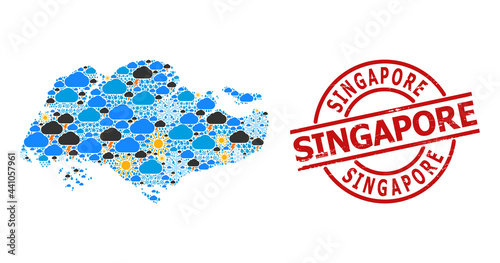 Climate mosaic map of Singapore, and textured red round seal. Geographic vector mosaic map of Singapore is designed with scattered rain, cloud, sun, thunderstorm items.