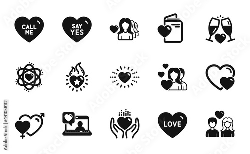 Vector set of Woman love, Wedding glasses and Hold heart icons simple set. Hearts, Couple love and Heart icons. Call me, Say yes and Atom signs. Friends chat, Couple and Male female. Vector
