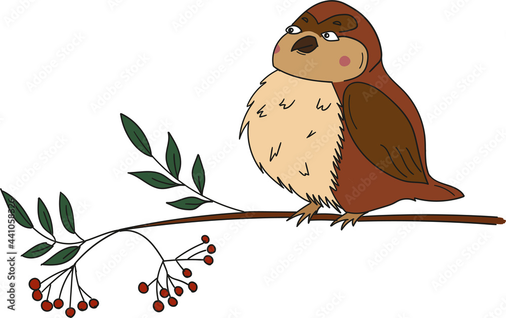 Fototapeta premium Vector illustration of a bird in with leaves and rowan isolated