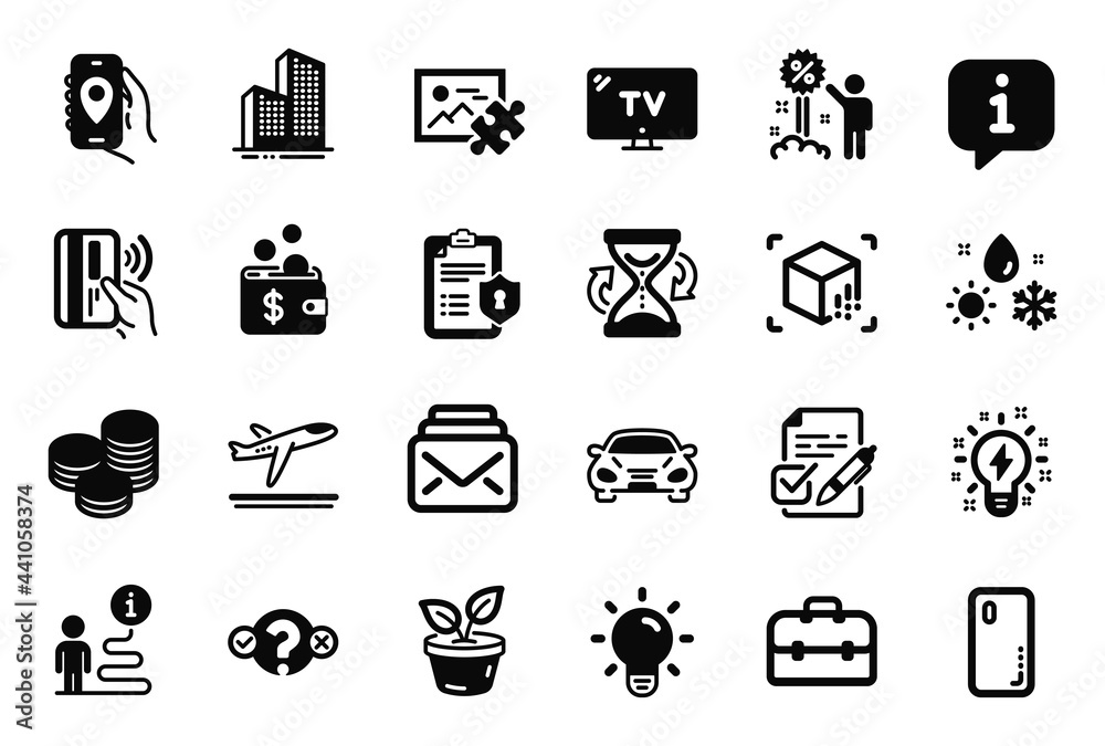Vector Set of Business icons related to Puzzle image, Smartphone cover and Privacy policy icons. Car, Quiz test and Voting ballot signs. Portfolio, Tv and Discount. Skyscraper buildings. Vector