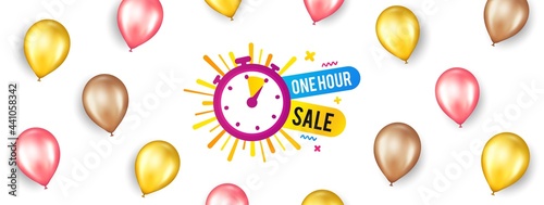 One hour sale banner. Promotion ad banner with 3d balloons. Discount sticker shape. Special offer timer icon. Isolated party balloons background. One hour label. Vector