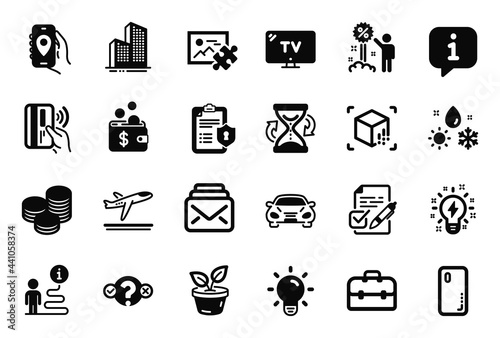Vector Set of Business icons related to Puzzle image, Smartphone cover and Privacy policy icons. Car, Quiz test and Voting ballot signs. Portfolio, Tv and Discount. Skyscraper buildings. Vector