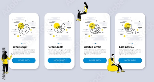 Set of Business icons, such as World medicine, Time management, Eye drops icons. UI phone app screens with people. Education line symbols. Online medicine, Settings, Check vision. Quick tips. Vector
