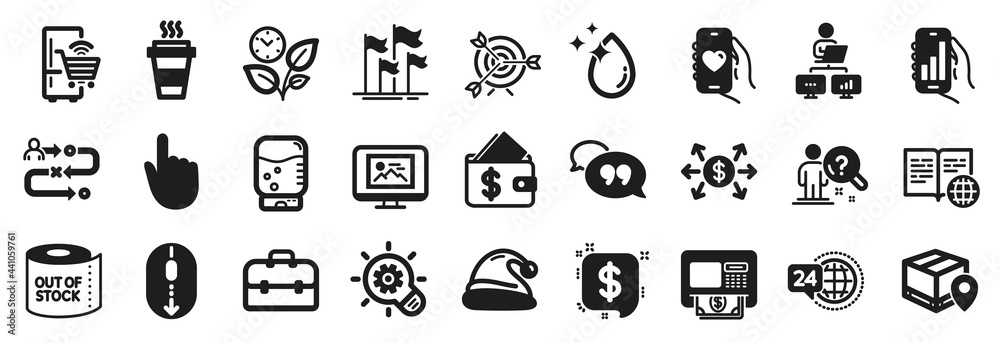Set of Business icons, such as Dating app, Cogwheel, Internet book icons. Dollar exchange, Journey path, Water cooler signs. Takeaway, Atm, 24h service. Flags, Toilet paper, Portfolio. Vector Set of Business icons, such as Dating app, Cogwheel, Internet book icons. Dollar exchange, Journey path, Water cooler signs. Takeaway, Atm, 24h service. Flags, Toilet paper, Portfolio. Vector