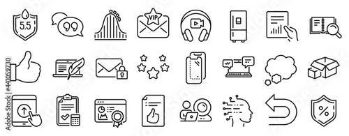 Set of Technology icons  such as Roller coaster  Vip mail  Swipe up icons. Loan percent  Document  Packing boxes signs. Ph neutral  Accounting checklist  Like. Undo  Quote bubble  Stars. Vector