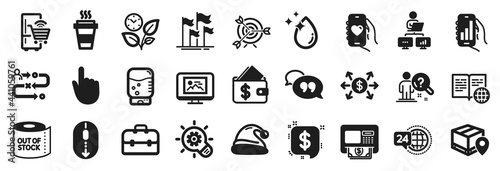 Set of Business icons, such as Dating app, Cogwheel, Internet book icons. Dollar exchange, Journey path, Water cooler signs. Takeaway, Atm, 24h service. Flags, Toilet paper, Portfolio. Vector