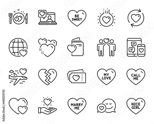 Vector set of Heart, Marry me and Nice girl line icons set. My love, Love and Romantic dinner icons. Hearts, Friends chat and Hold heart signs. Dating, Friends couple and Be sweet. Vector