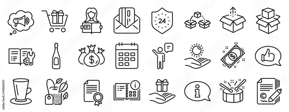 Set of line icons, such as Copywriting, Check investment, Credit card icons. Parcel shipping, Champagne, Calendar signs. Agent, Sun protection, Drums. Loyalty program, Instruction info. Vector