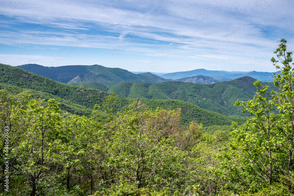 View into the landscape of the southern French Cevennes, hilly landscape