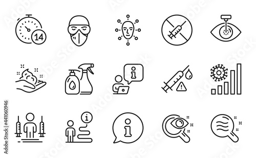 Medical icons set. Included icon as Vision test, Cleaning liquids, Skin condition signs. Quarantine, Face biometrics, No vaccine symbols. Coronavirus statistics, Coronavirus injections. Vector