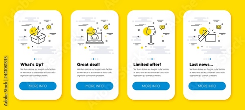 Vector set of Bordeaux glass, Best manager and Creative idea line icons set. UI phone app screens with line icons. Opened gift icon. Wine glass, Best developer, Lightning. Present box. Vector