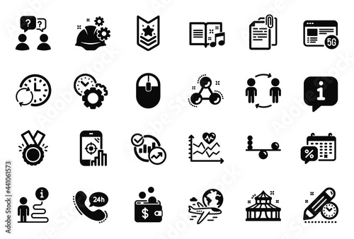 Vector Set of Business icons related to 5g internet, 24h service and Music book icons. Update time, Discounts calendar and Shoulder strap signs. International flight, Time management. Vector