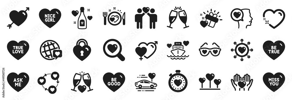 Set of Love icons, such as Love champagne, Heart, Romantic talk icons. Miss you, Be true, Love glasses signs. Wedding glasses, Male female, Heartbeat timer. Romantic dinner, Dating network. Vector Set of Love icons, such as Love champagne, Heart, Romantic talk icons. Miss you, Be true, Love glasses signs. Wedding glasses, Male female, Heartbeat timer. Romantic dinner, Dating network. Vector