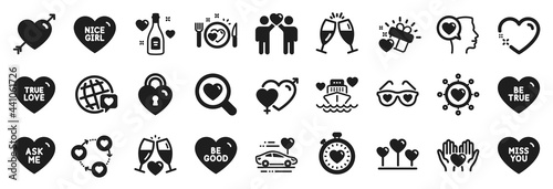 Set of Love icons, such as Love champagne, Heart, Romantic talk icons. Miss you, Be true, Love glasses signs. Wedding glasses, Male female, Heartbeat timer. Romantic dinner, Dating network. Vector