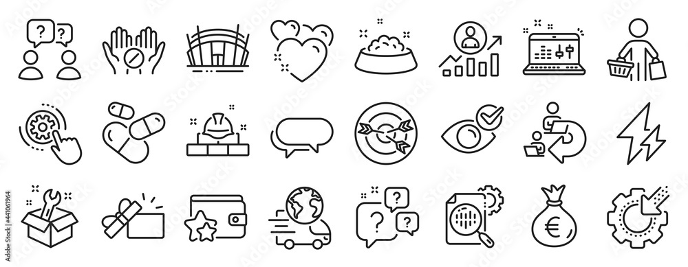 Set of Business icons, such as Check eye, Targeting, Question bubbles icons. Capsule pill, Messenger, Spanner signs. Buyer, Electricity, Arena stadium. Medical tablet, Heart, Seo gear. Vector