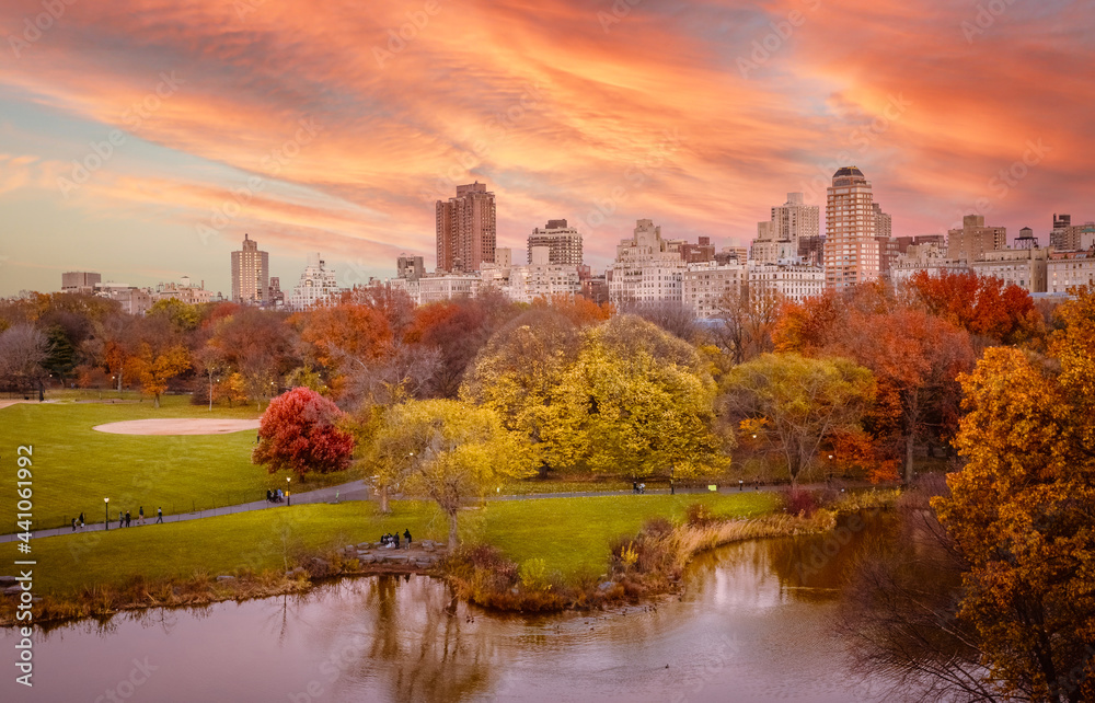 central park during sunset in autumn central park during sunset in autumn