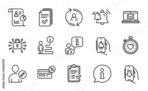 Technology icons set. Included icon as Bell alert, Edit user, Bell signs. Handout, Approved checklist, Report symbols. User info, Cashback, Download app. Heartbeat timer, Security lock. Vector