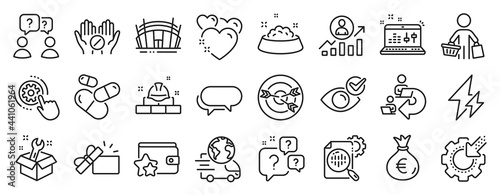 Set of Business icons, such as Check eye, Targeting, Question bubbles icons. Capsule pill, Messenger, Spanner signs. Buyer, Electricity, Arena stadium. Medical tablet, Heart, Seo gear. Vector