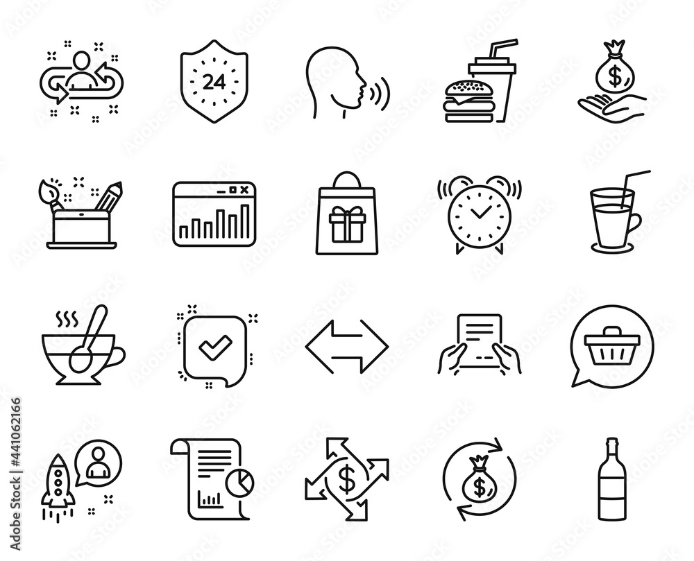 Vector set of Report, Income money and Shopping cart line icons set. Sync, Receive file and Alarm clock icons. Wine bottle, Human sing and Hamburger signs. Report web symbol. Vector