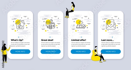 Set of Education icons, such as Solar panels, Budget accounting, Work home icons. UI phone app screens with people. Approved mail line symbols. Electric power, Financial trade, Freelance work. Vector
