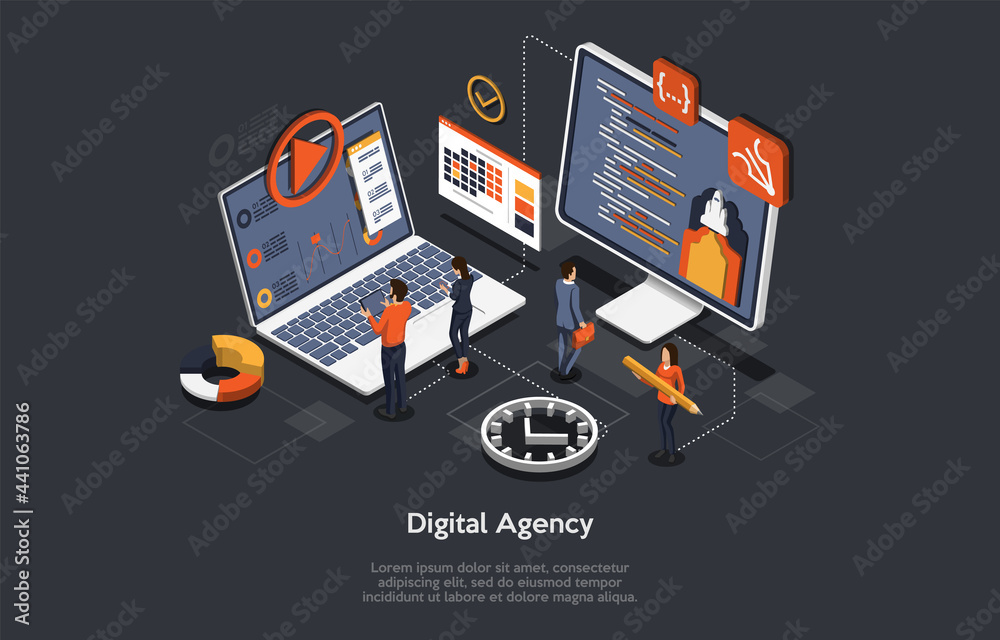 Digital Agency, Modern Successful Professions Conceptual Design. Computers Cyberspace Program Related Company. Isometric Vector Illustration, Cartoon 3D Style. Businesspeople Working, Infographics
