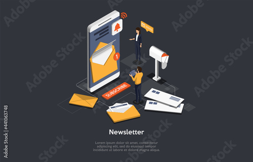 Important Newsletter Sending Conceptual Design. Informational Sources, Social Media Content. Isometric Vector Illustration Cartoon 3D Style. Mobile Phone With Mail On Screen, Characters, Infographics