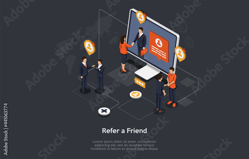 Friend Refferal Program Conceptual Design. Special Bonus And Benefit System. Isometric Vector Illustration, Cartoon 3D Style. Modern Marketing. Computer Monitor, Group Of Six People Standing Near.