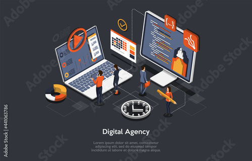 Digital Agency, Modern Successful Professions Conceptual Design. Computers Cyberspace Program Related Company. Isometric Vector Illustration, Cartoon 3D Style. Businesspeople Working, Infographics