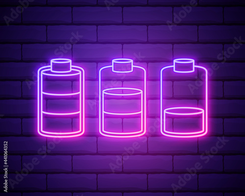 Set of battery neon icon. Charger glowing sign. Vector symbol of low and full battery isolated on brick wall.