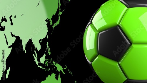 Green World Map and Black-Green Soccer Ball under black background. 3D illustration. 3D CG. High resolution. Format 16 9.