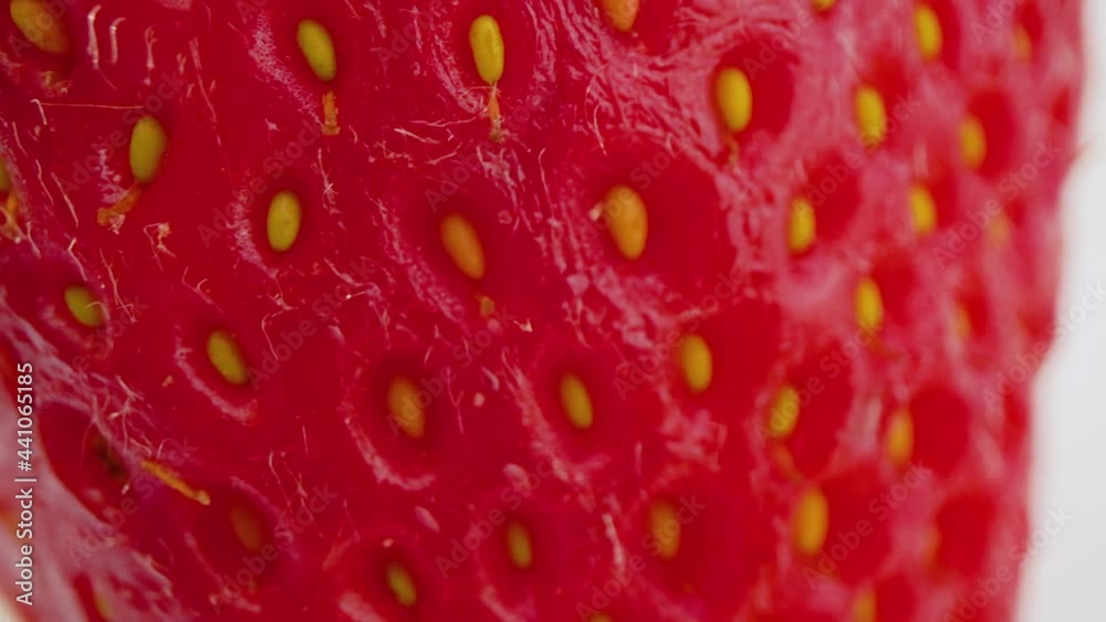 Strawberry on Plate Panning Seeds Macro. macro view of a strawberry on a plate panning across the seeds in the berry Strawberry on Plate Panning Seeds Macro. macro view of a strawberry on a plate panning across the seeds in the berry
