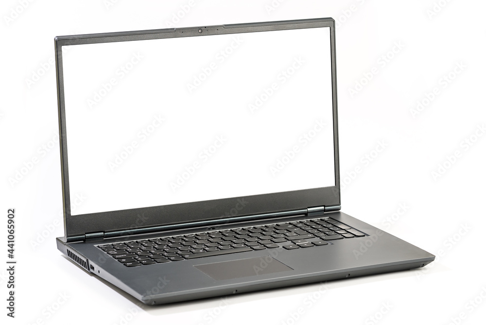 Large open Laptop isolated on white background - Side view with clipping paths for Laptop and Screen Large open Laptop isolated on white background - Side view with clipping paths for Laptop and Screen