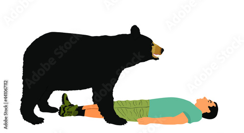 Man lies on the ground and pretends to be dead to protect himself from bear attacks vector illustration isolated on white background. Outdoor nature risk situation, boy lying down against angry beast.