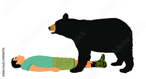 Man lies on the ground and pretends to be dead to protect himself from bear attacks vector illustration isolated on white background. Outdoor nature risk situation, boy lying down against angry beast.
