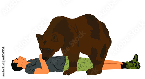 Man lies on the ground and pretends to be dead to protect himself from bear attacks vector illustration isolated on white background. Outdoor nature risk situation, boy lying down against angry beast.