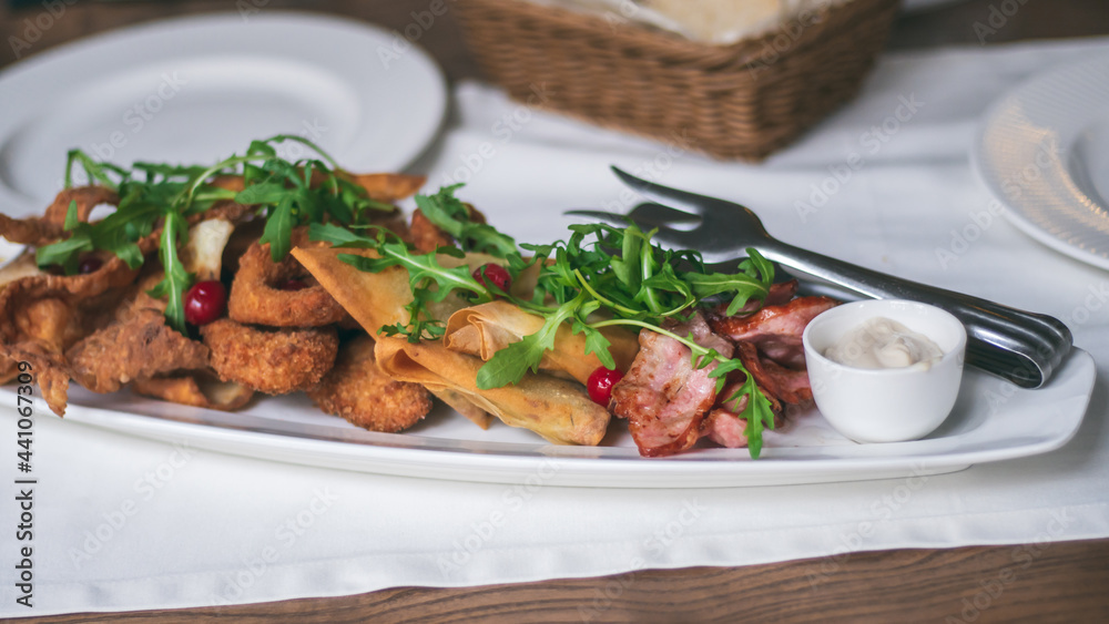 Long oval plate with variety of snacks: chips, nachos, bacon, lavash with cheese, arugula, squid rings or breaded onions