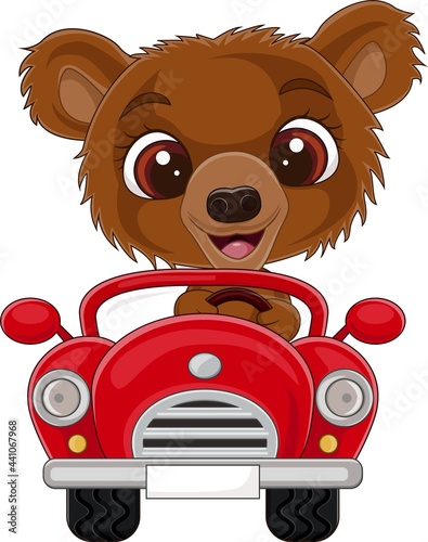 Cartoon baby bear driving red car
